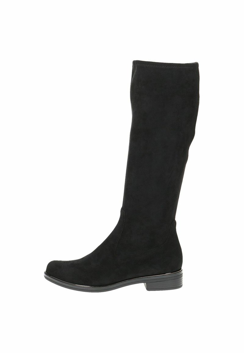 Botas negras hasta la rodilla hechas de suave gamuza, con un diseño sencillo, puntera redonda y un tacón bajo con un leve acento brillante.