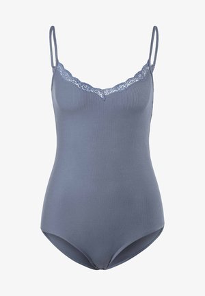 Žebrovaný šedý body s nastaviteľnými ramienkami a volánkovým čipkovým výstrihom. Hladká textúra a priliehavý strih pre elegantný vzhľad.