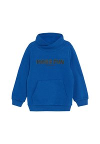 Blauwe sweatshirt met een hoge kraag, voorzak en zwarte opdruk "MEER PLEZIER ALSTUBLIEFT." Gemaakt van zachte stof met ribgebreide boorden.