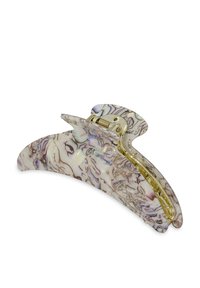 Grote haarspeld van lichtgewicht gemarmerd hars in crème- en pasteltinten, met een gouden metalen scharnier voor een veilige sluiting.