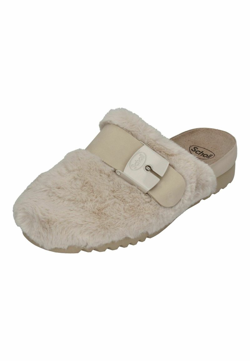 Beige, flauschiger Hausschuh mit einer strukturierten Oberseite, verstellbarem Riemen und konturiertem Fußbett. Verfügt über eine gummierte, helle Sohle für besseren Halt.