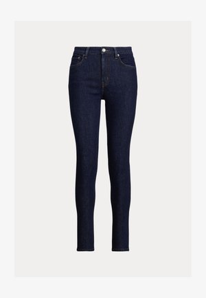 Jeans skinny de ganga escura com cintura alta, apresentando bolsos frontais, fecho de botão e detalhes de costura subtil.