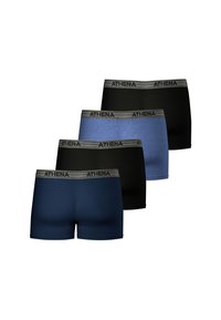 Quatre paires de boxers en noir, bleu foncé et bleu clair, avec une ceinture grise portant le logo "ATHENA" et une texture lisse et élastique.