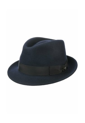 Dark blue felt fedora hat with a black ribbon band and small decorative bow on a white background.
