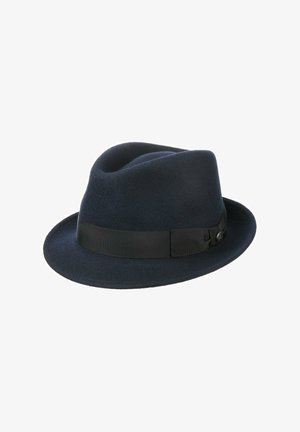 Dark blue felt fedora hat with a black ribbon band and small decorative bow on a white background.