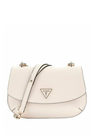 Borsa a mano color crema realizzata in materiale testurizzato, con logo triangolare, dettagli in hardware dorato e tracolla staccabile.