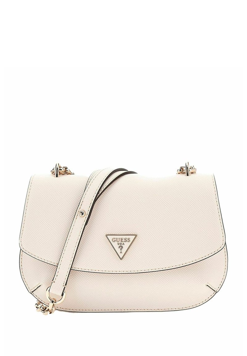Borsa a mano color crema realizzata in materiale testurizzato, con logo triangolare, dettagli in hardware dorato e tracolla staccabile.