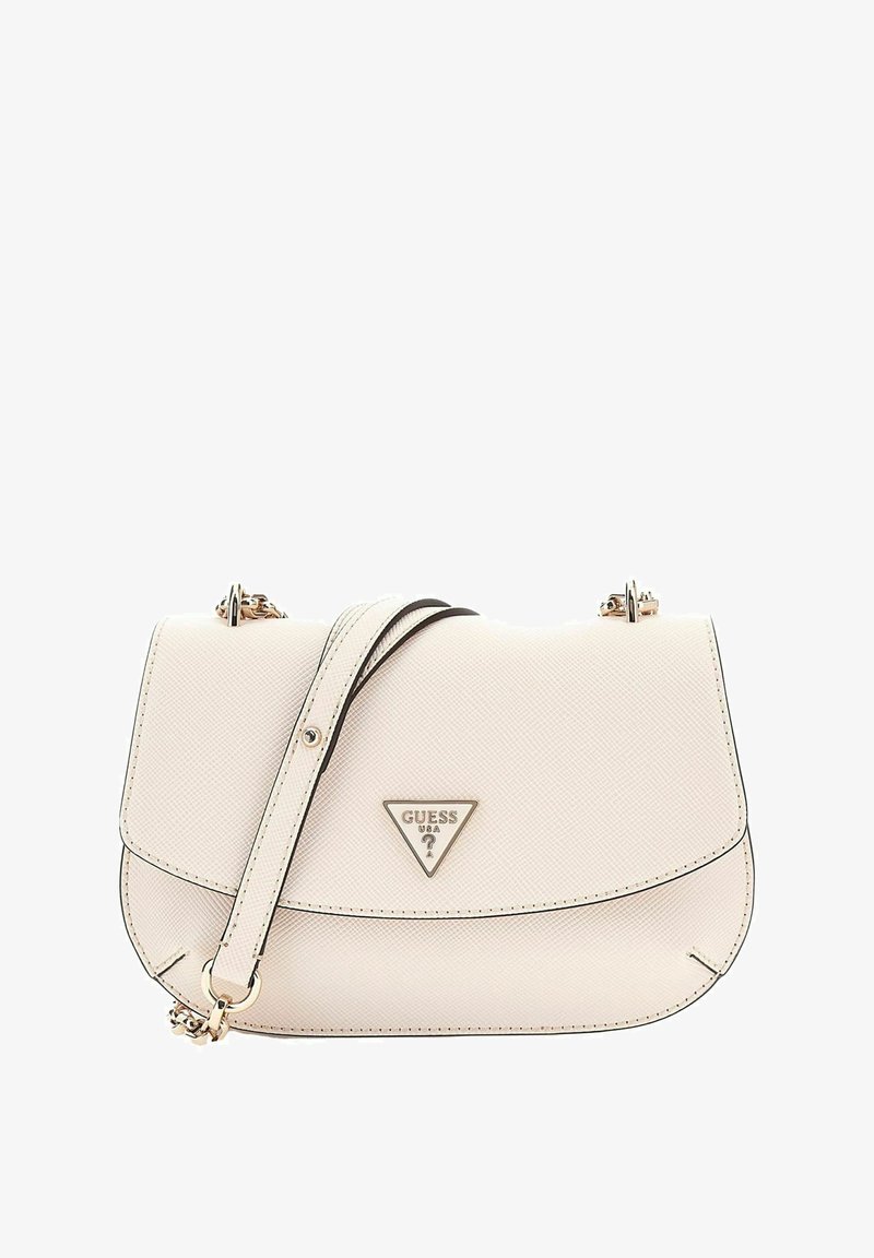 Borsa a mano color crema realizzata in materiale testurizzato, con logo triangolare, dettagli in hardware dorato e tracolla staccabile.