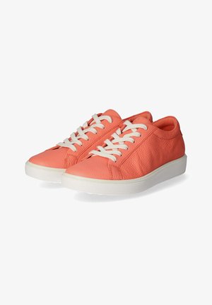Coral leather sneakers with white laces, rounded toe, and textured finish, featuring a white rubber sole and stitched accents.