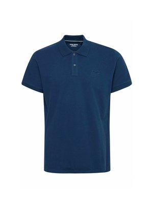 Tume sinine polo särk, mis on valmistatud puuvillast, klassikalise kraega, kahe nupuga kaelust, lühikeste varrukate ja peene toon-tooni logode tikandiga.