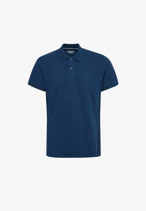 Tume sinine polo särk, mis on valmistatud puuvillast, klassikalise kraega, kahe nupuga kaelust, lühikeste varrukate ja peene toon-tooni logode tikandiga.