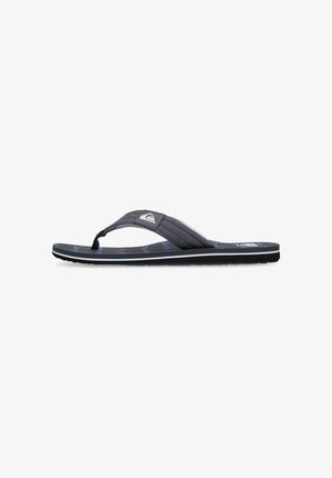 Schwarze Flip-Flops mit strukturiertem Riemen und weißem Logo. Die Sohle weist ein dezentes Muster sowie einen kontrastierenden weißen Rand auf.