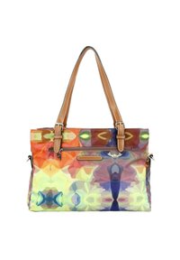 Bunte Tragetasche mit abstraktem Blumenmuster in Orange-, Gelb- und Blautönen. Mit braunen Ledergriffen und einem Reißverschlussfach.