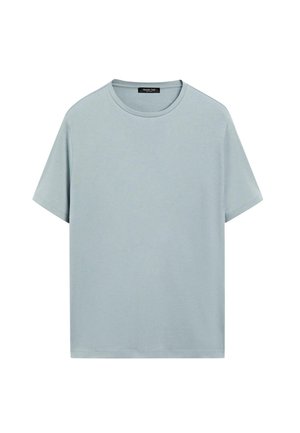 Hellblaues, kurzärmeliges T-Shirt aus weicher Baumwolle. Rundhalsausschnitt mit geradem Schnitt und sauberem Saum. Keine grafischen Designs oder Verzierungen.