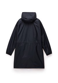 Zwarte waterdichte parka met capuchon, elastische manchetten en een strikband in de taille. Glad van textuur, knielange snit en minimalistische stijl.