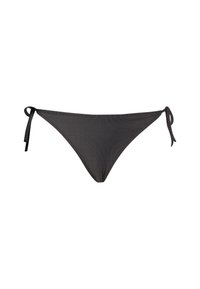 Bas de bikini à rayures noires et blanches, en tissu extensible, avec des fermetures à nouer de chaque côté et une coupe minimaliste.