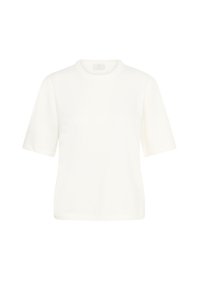 Pull en maille blanche à manches courtes, col rond et texture lisse. Présente des détails côtelés au niveau des manches et de l'ourlet.