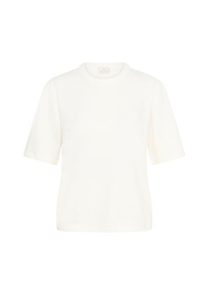 Pull en maille blanche à manches courtes, col rond et texture lisse. Présente des détails côtelés au niveau des manches et de l'ourlet.