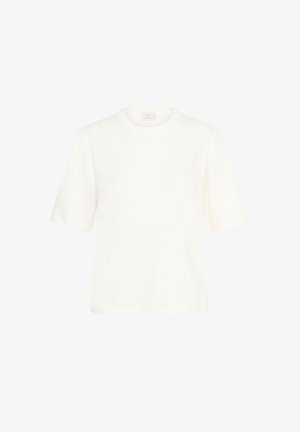 Pull en maille blanche à manches courtes, col rond et texture lisse. Présente des détails côtelés au niveau des manches et de l'ourlet.