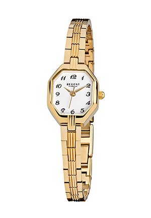 Goldfarbener achteckiger Uhr mit einem weißen Zifferblatt. Schwarze Ziffern zeigen die Stunden an. Das Metallarmband hat eine glatte Textur und ein wechselndes Design.