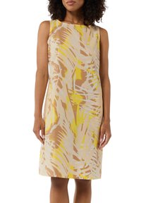 Ärmelloses Kleid aus leichtem Stoff mit einem gelben und braunen Palmblattmuster. A-Linie Silhouette, knieumspielend, runder Ausschnitt, glatte Textur.