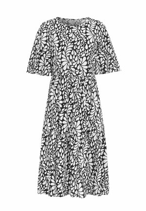 Schwarz-weißes Midi-Kleid mit kurzen Ärmeln, abstraktem Blattmuster, rundem Ausschnitt, geraffter Taille und gestuftem Rock.