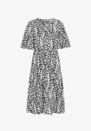 Schwarz-weißes Midi-Kleid mit kurzen Ärmeln, abstraktem Blattmuster, rundem Ausschnitt, geraffter Taille und gestuftem Rock.