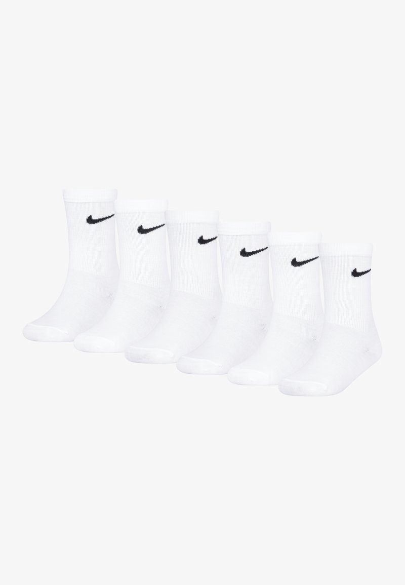 Valged puuvillased sokid, põlvikupikkused, musta Nike logo iga soki peal. Kuue paari komplekt. Siledad tekstuurid ja elastsed äärmed kindla sobivuse tagamiseks.