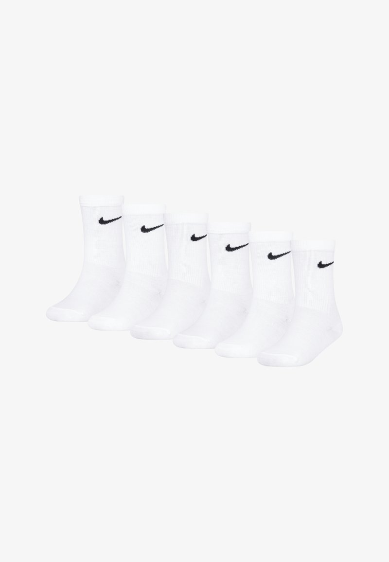Calcetines de algodón blancos, de longitud media, con el logo negro de Nike en cada calcetín. Juego de seis pares. Textura suave y puños elásticos para un ajuste seguro.