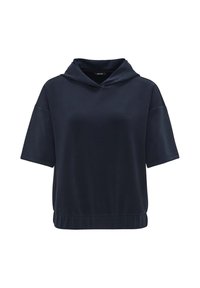 Hoodie blu navy a maniche corte in un tessuto morbido, con una vestibilità ampia e rilassata e un cappuccio regolabile con cordino. Presenta un orlo a coste.
