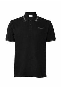 Schwarzes Poloshirt aus atmungsaktivem Stoff mit einer zwei-Knopf-Leiste, kontrastierenden grauen Streifen am Kragen und an den Ärmeln sowie einem Logo.