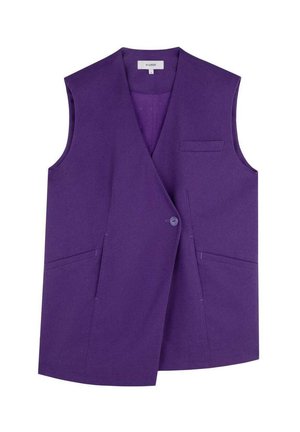 Purple sleeveless vest with a single button closure, two side pockets, and a chest pocket; made from smooth fabric with a tailored design.
