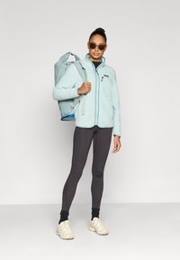 Ανοιχτό μπλε φλις μπουφάν με φερμουάρ, γκρι κολάν και μπεζ αθλητικά παπούτσια. Το μοντέλο κρατά ένα ανοιχτό μπλε σακίδιο πλάτης, φοράει σκούρα γυαλιά ηλίου.