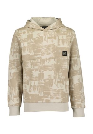 Beżowa bluza z kapturem z teksturowanym, abstrakcyjnym wzorem, z kieszenią typu kangur, ściągaczami przy mankietach i metką marki z przodu.