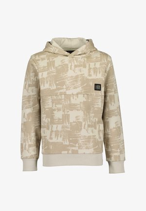 Sweat à capuche beige avec un motif abstrait texturé, doté d'une poche kangourou, de poignets côtelés et d'une étiquette de marque à l'avant.