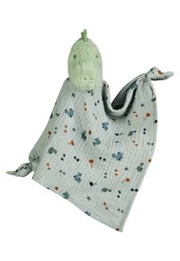 Green dinosaur plush head attached to a light green, patterned muslin blanket with various animal prints in blue, orange, and green. Knotted corner detail.
