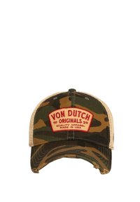 Gorra de béisbol de camuflaje con visera curvada, que presenta un parche bordado en rojo con "VON DUTCH ORIGINALS" y una parte trasera de malla beige.