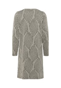 Graue gestrickte Tunika mit einem wellenförmigen schwarzen Muster. Sie hat Drei-Viertel-Ärmel und einen runden Halsausschnitt und besteht aus einem weichen Stoff.