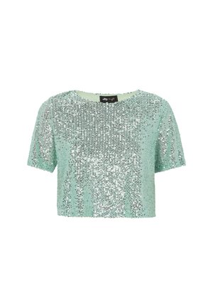 Mintgroene cropped top versierd met zilveren pailletten, met korte mouwen en een ronde halslijn. Gladde textuur met een glinsterende afwerking.