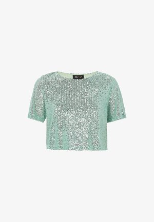 Mentolově zelený cropped top zdobený stříbrnými flitry, s krátkými rukávy a kulatým výstřihem. Hladká textura s lesklým povrchem.