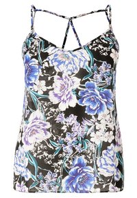 Svart blommig linne med justerbara spagettistroppar. Har stora blå och lila blommor på ett slätt tyg, med en figurnära design.
