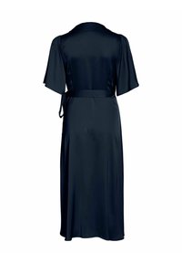 Robe en satin bleu marine avec manches courtes évasées, ceinture détachable et jupe fluide à la texture lisse. Vue de dos.