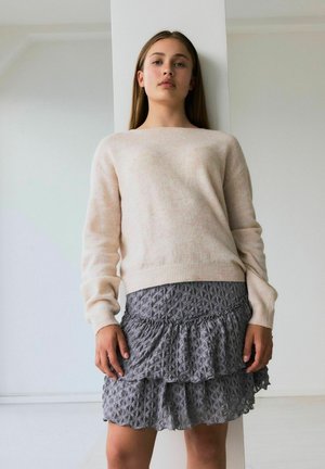 Pull beige clair à manches longues associé à une jupe grise à volants présentant un motif floral texturé. Design simple et moderne.