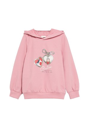 Roze hoodie met lange mouwen en hartvormige hangertjes met daarop een meisje en een hond, en de tekst "Bestie means I love you better than the rest."