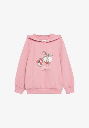 Różowa bluza z kapturem z długimi rękawami z zawieszkami w kształcie serca, przedstawiającymi dziewczynę i psa oraz tekstem "Bestie means I love you better than the rest."