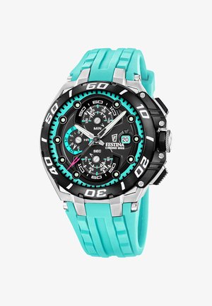 Pánske chronograf hodinky Festina s čiernym ciferníkom, tyrkysovými akcentmi, zobrazením dátumu a tyrkysovým gumovým remienkom.
