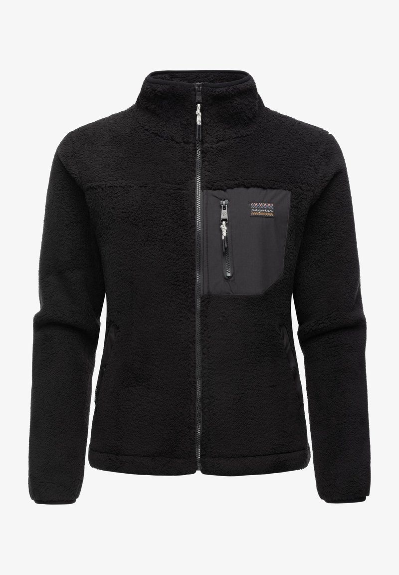 Black fleece jacket with a high collar, front zipper, and a side zippered pocket featuring colorful stitching. Soft texture and relaxed fit.