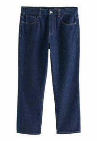 Granatowe dżinsy o prostym kroju, wykonane z denimu, z klasycznym pięciopocketowym wzorem, widocznym haftem oraz zamkiem błyskawicznym i zapięciem na guzik.
