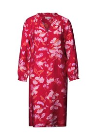 Rotes Blumenkleid mit lockerer Passform, gerafftem Ausschnitt und langen Ärmeln. Hat ein pink-weißes Blumenmuster mit Knopfdetails.
