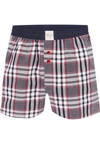 Šedé kostkované boxerky s červenými, černými a bílými vzory, námořnickým elastickým pasem a dvěma kontrastními červenými knoflíky vpředu.